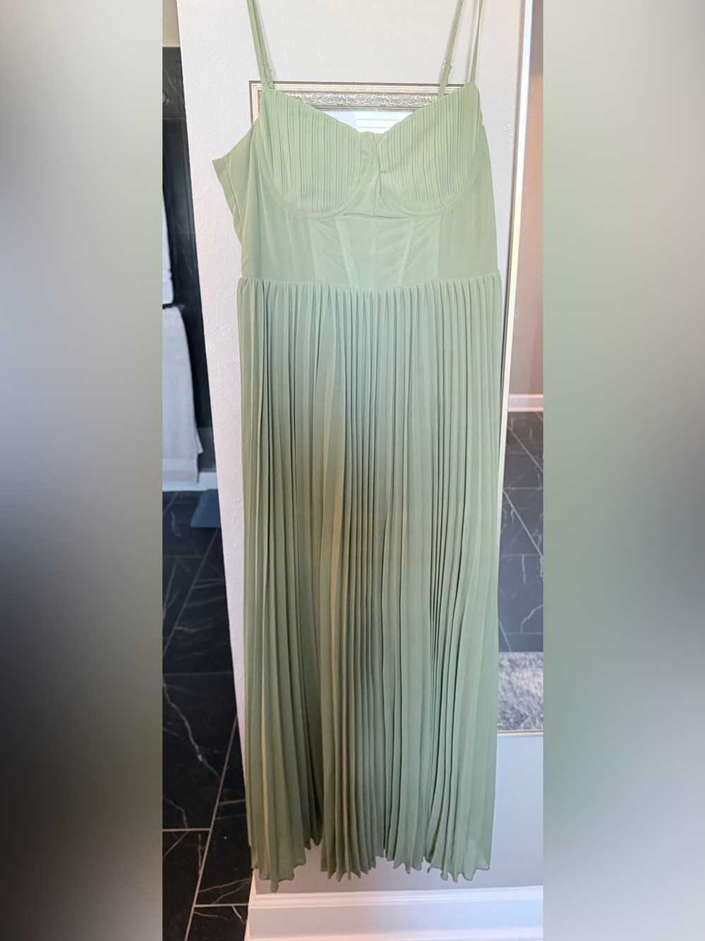 Pleated Midi Dress with Fitted Bust in Sage Green